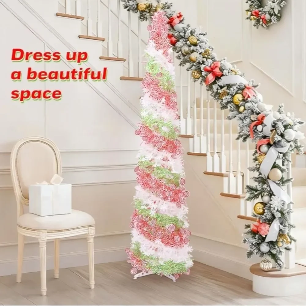 5FT Artificial Pencil Christmas Tree, Red Green White Pop Up Small Christmas Ti